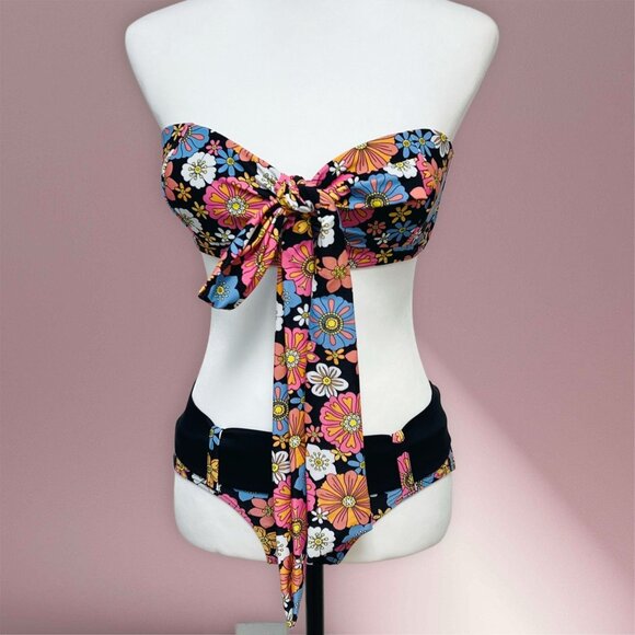 Unique Vintage 2 Piece Swimwear Matching Set Floral Multicolor Strapless Bikini - Picture 1 of 13